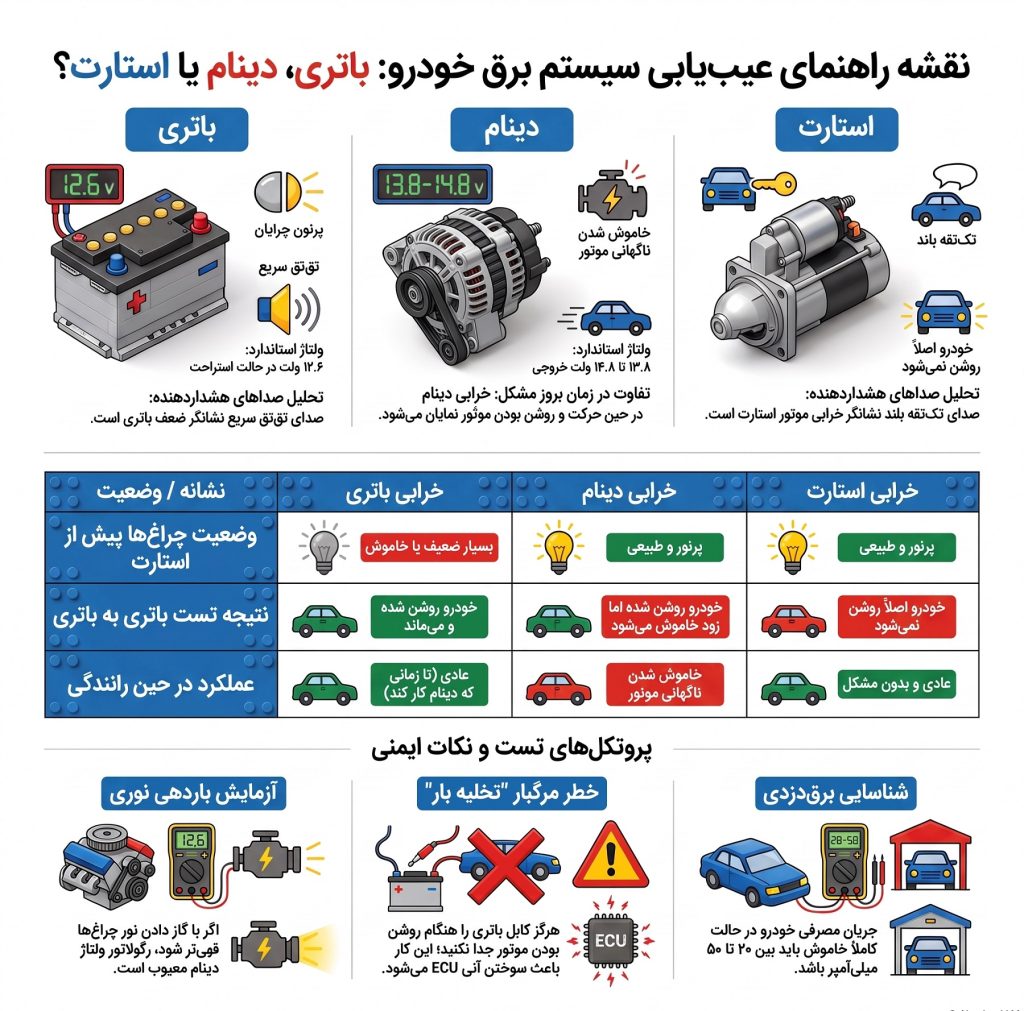 از کجا بفهمیم باتری ماشین تمام شده یا دینام خراب است؟